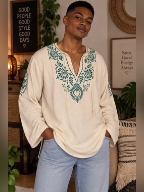 Unbranded Embroidered Cotton Tunic Top — Cream & Turquoise